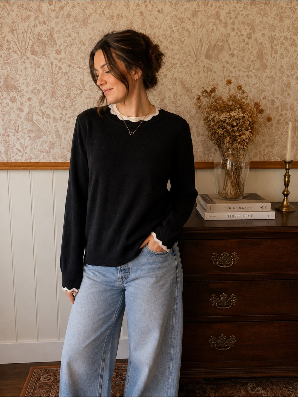 H&M Black Crewneck Sweater with Scallop Trim